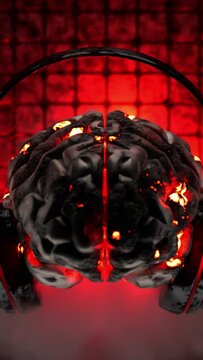 human brain in headphones, concept, system overload, heavy metal rock musical style, 3d rendering