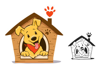 Puppy smiling dog and brown dog house with paw. Black and white version included. - 690916328