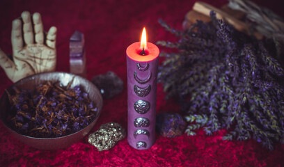 Astrology, esotericism concept. Stuff on a table, mystical atmosphere. Future prediction 