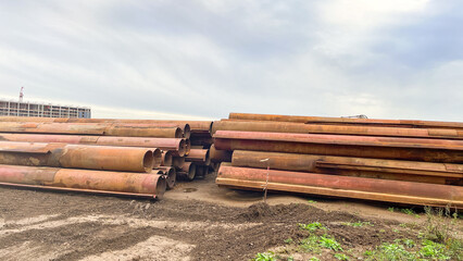 Large metal pipes close-up, Selective Focusing, Large 830mm Diameter Rusty Metal Tubes for Building Construction