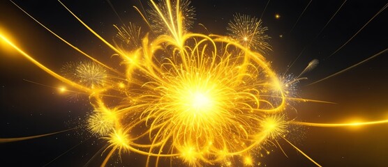 d yellow fireworks, abstract cosmic background, big bang, galaxy, falling stars, cosmos, celestial, universe, speed of ligh from Generative AI