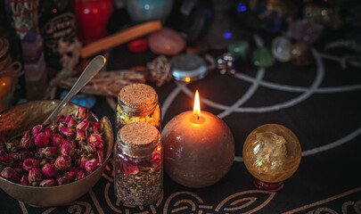 Astrology, esotericism concept. Stuff on a table, mystical atmosphere. Future prediction 