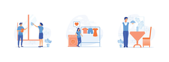 Experienced manager training staff, laundry service, maid ironing guests shirt, waiter serving at banquet. Hotel jobs set flat vector modern illustration 