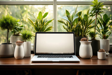 A clean and modern home office setup with a laptop surrounded by vibrant indoor plants on a wooden desk near a sunny window.