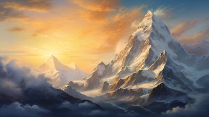  a snow-covered mountain peak catching the first light of sunrise, painting the landscape in shades of gold and blue.