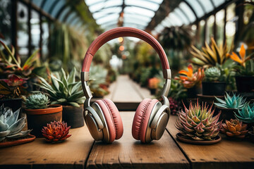 Wireless pink headphones placed on a table surrounded by vibrant succulent plants in a warm greenhouse setting.