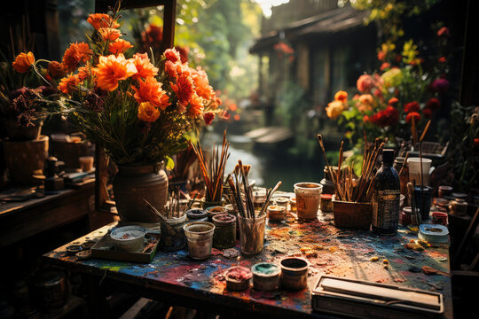 A warm, sunlit artist's table brimming with colorful paint supplies and vibrant flowers in a serene garden studio.