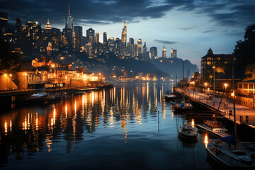 Fototapeta premium A tranquil evening cityscape with skyscrapers illuminated and reflections on the river.