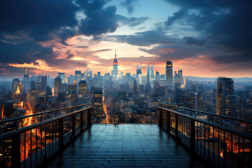 Stunning sunset view of a city skyline from a high vantage point, with skyscrapers and vibrant evening colors. - obrazy, fototapety, plakaty