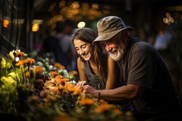 Obraz premium Senior man and a young woman joyfully interact at a flower market stall, sharing a cheerful and familial moment.