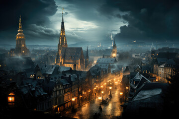 Fototapeta na wymiar Dramatic cityscape at night with historic buildings illuminated under a cloudy sky, showcasing timeless architecture and urban charm.
