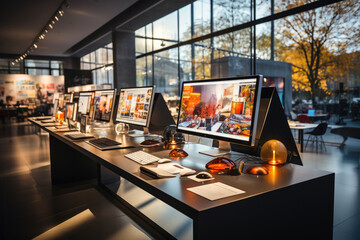 A modern office or showroom interior with multiple computer monitors on sleek desks, showcasing technology in a professional setting.