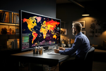Professional man analyzing global data and stock market on a computer with world map and graphs in modern office.
