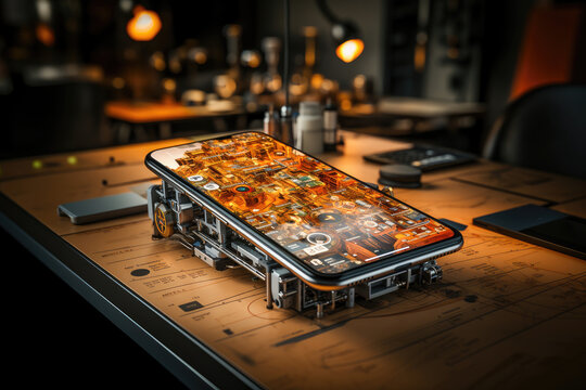 A modern smartphone opened up to reveal its intricate internal circuit board and electronic components on an engineer's workspace.