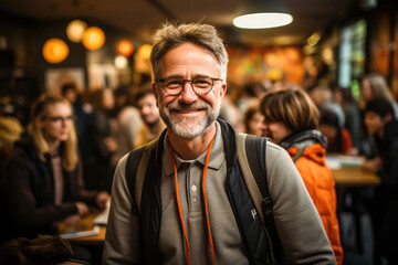 Obraz premium Friendly, smiling mature man with glasses standing in a busy indoor social setting, looking directly at the camera.