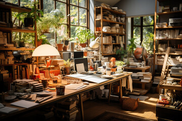 Fototapeta na wymiar Warm and inviting home office space overflowing with books and plants, bathed in natural sunlight.