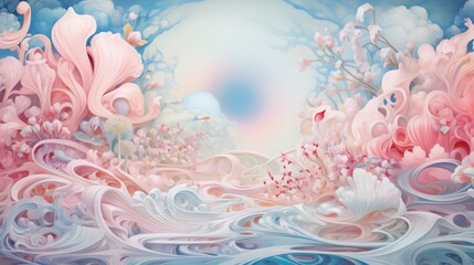 a surreal mixed-color backdrop with dreamy silky patterns in pastel pinks, blues, and silvery grays, transporting viewers to a realm of boundless creativity.