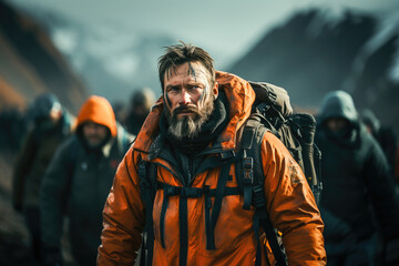 Naklejka premium A rugged bearded man in orange jacket leads a group of explorers through a cold mountainous landscape.