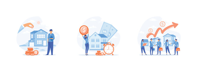 House mortgage. young couple investing money in real estate. Transaction and rising of property value. Real estate investment set flat vector modern illustration 
