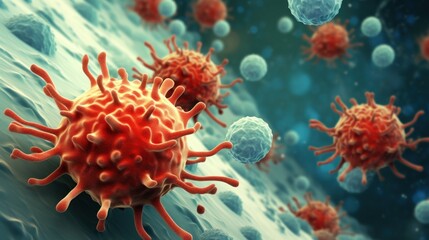 Lymphocytes Fighting Cancer Cells, Medical Illustration Featuring Immune System Cells and Metastasis - obrazy, fototapety, plakaty