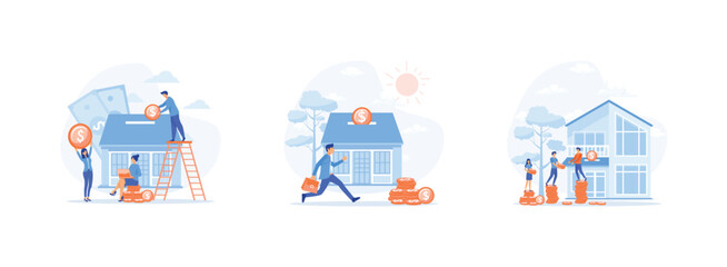 Real estate investment.Investing Money in Real Estate Property. Small Families Buy Home on a Mortgage and Pay Credit to the Bank. Real estate investment set flat vector modern illustration