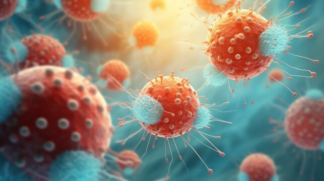 Lymphocytes Fighting Cancer Cells, Medical Illustration Featuring Immune System Cells and Metastasis