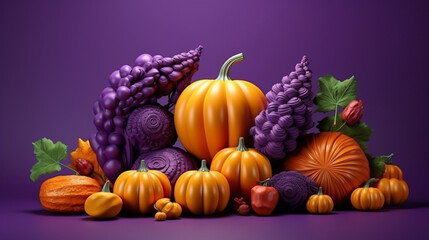 紫色の背景に 3D スタイルのカボチャと秋の果物GenerativeAI