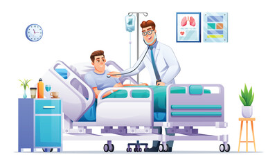 Doctor examining a sick man lying on hospital bed by stethoscope. Patient hospitalization concept. Vector cartoon illustration