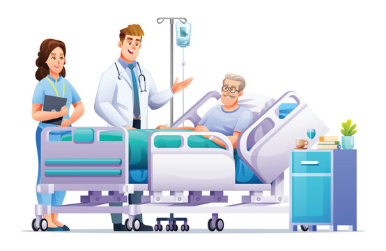 Doctor and nurse visit a senior man lying on hospital bed. Patient hospitalization concept. Vector cartoon illustration
