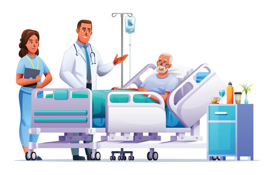Doctor and nurse visit a senior man lying on hospital bed. Healthcare medical concept. Vector cartoon illustration