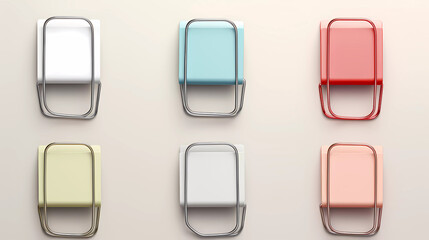 A set of four paper clips with different colors and sizes of paper clips on them