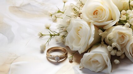 close-up of two wedding rings and a bouquet of white roses on satin fabric with gold accents.