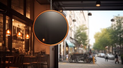 modern cafe sign, stylish emblem hanging from the ceiling in a trendy cafe. The round wooden sign adds a chic look to the interior design. Blurred background