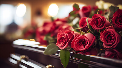 Rose flowers on a coffin at funeral in church - obrazy, fototapety, plakaty