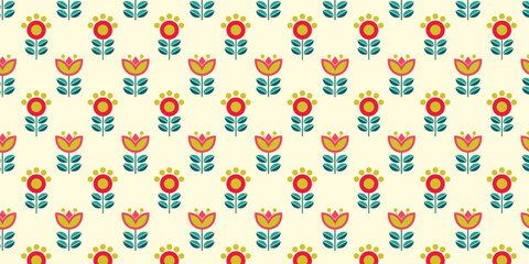 Seamless pattern with geometric flowers. Abstract botanical elements. Abstract geometric forms of flowers, leaves. Vector illustration. Minimal natural flower plant shapes.