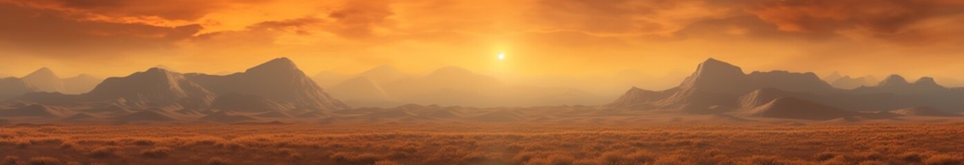 Fototapeta na wymiar breathtaking beauty of sunrise in the desert. The sun rises over the deep blue mountains, bathing the panoramic landscape in warm light. Orange sky