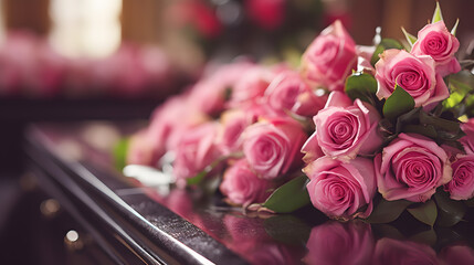 Pini rose flowers on a coffin at funeral in church. People and mourning concept. - obrazy, fototapety, plakaty