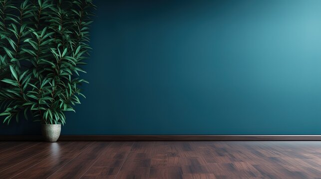 Minimalist modern room with dark blue walls, wood floors and potted plants The room has dark blue walls, warm wood floors and two large potted plants in the corner.