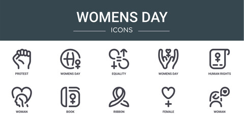set of 10 outline web womens day icons such as protest, womens day, equality, womens day, human rights, woman, book vector icons for report, presentation, diagram, web design, mobile app