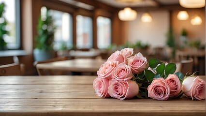 Wooden table with bouquet of pink roses on a restaurant background from Generative AI
