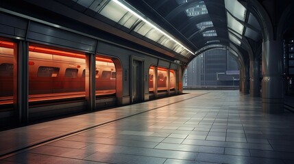 Futuristic train station with bright orange artwork and modern design elements