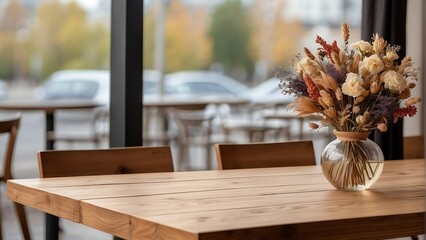 Wooden table with bouquet of dried flowers on a restaurant background from Generative AI