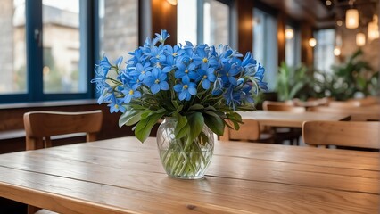 Fototapeta na wymiar Wooden table with bouquet of blue flowers on a restaurant background from Generative AI