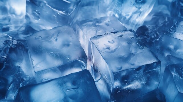 group of ice cubes on a dark blue background. The ice cubes are arranged randomly and have different sizes and shapes. drinks, summer or refreshment