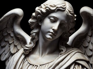 Marble statue of an angel in hood on plain black background from Generative AI