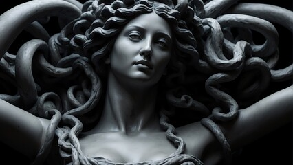 Full body marble statue of medusa on plain black background from Generative AI - obrazy, fototapety, plakaty