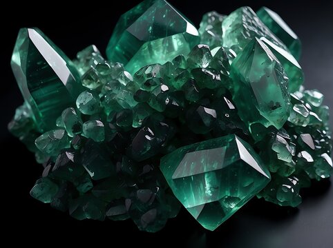 Green quartz crystal cluster on plain black background from Generative AI