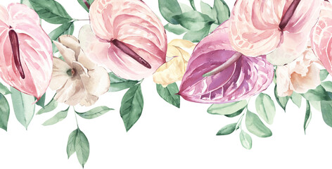 Watercolor Seamless Border with Anthurium, Poppies and Leaves - obrazy, fototapety, plakaty