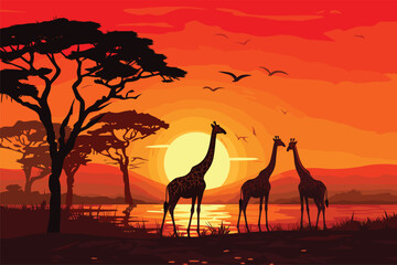 Fototapeta na wymiar African sunset landscape with safari animals silhouettes, Silhouettes of wild African giraffes at sunset, Animals in forest, Vector illustration