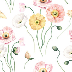 Watercolor Seamless Pattern Background with Icelandic Poppies